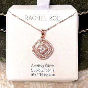 Brand New Rachel Zoe Sterling Silver Rose Gold Halo Pendant Sparkly Necklace
